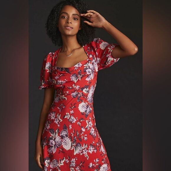 Anthropologie Maeve Red Motif Floral Puff-Sleeve Midi Dress, Size 6 - Picture 12 of 12